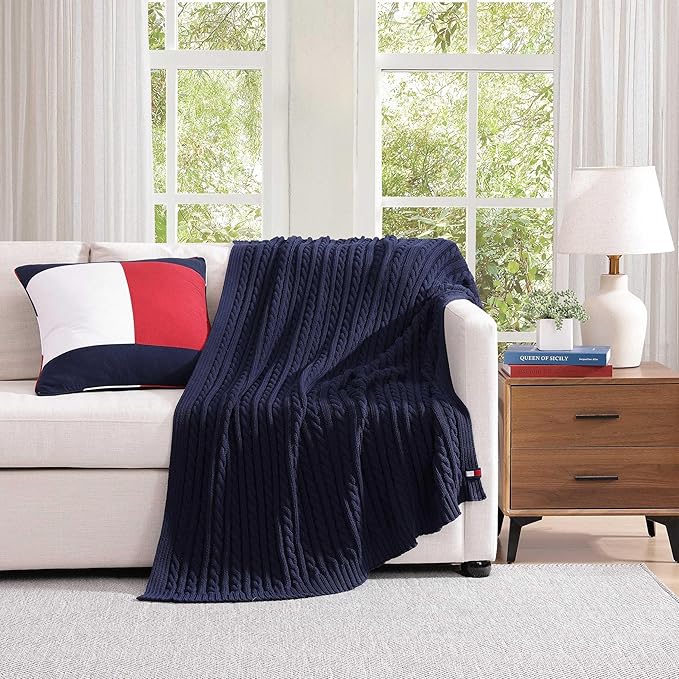 Tommy Hilfiger - Blanket, Ultra-Soft Cable Knit Throw Blanket for Bed or Couch, Lightweight Bedding with a Soft Textured Feel & Iconic Flag Logo (Blue, 50" x 70")