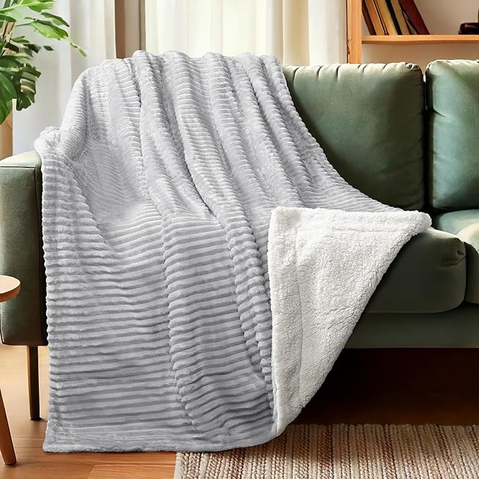 PAVILIA Light Grey Sherpa Fleece Throw Blanket for Couch, Soft Plush Fuzzy Blankets, Fluffy Flannel Sherpa Blanket for Sofa, Warm 3D Ribbed Winter Blanket Gift, 50x60 inches