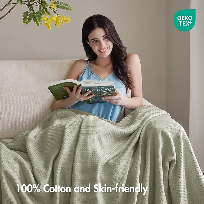 Madison Park 100% Egyptian Cotton Lightweight Summer Blanket, Breathable Waffle Knit Design, Soft Cozy All-Season Throw for Bed, Couch or Sofa, Sage Green Full/Queen Size (90"x90")