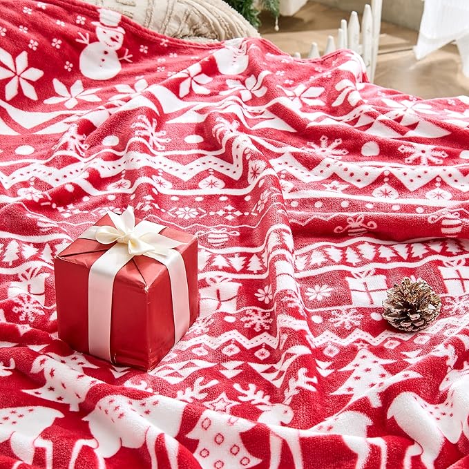 Christmas Blanket Soft Cozy Fleece Throws with Snowman Snowflake Reindeer and Xmas Trees Print, Fuzzy Warm Christmas Throw Blanket for Couch Bed Holiday Decorations Gifts 60"x80" (Red)