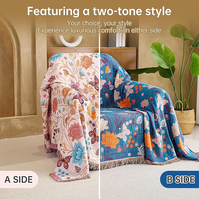 Boho Throw Blanket, 100% Organic Cotton Breathable Ultra Soft 91" x 98" Bed Quilt Throw - All Season Floral Rustic Farmhouse Decor Luxury Reversible Blanket for Sofa Couch Chair and Gift