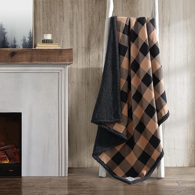 Eddie Bauer - Throw Blanket, Brushed Fleece & Plush Sherpa Soft Blanket, Throw Blanket for Couch & Bed (Cabin Plaid Beige, 50" x 60")