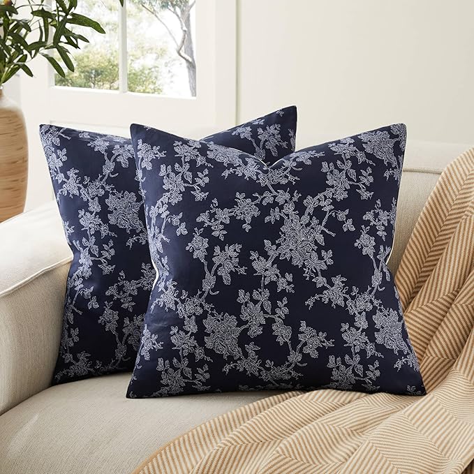 100% Cotton French Pastoral Throw Pillow Covers Set of 2, 24x24 Inch Background/Blue Farmhouse Decorative Cushion Covers for Sofa Bed Living Room Home Decor