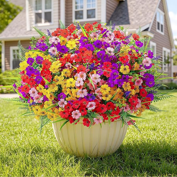 Alupssuc 24 Bundles Artificial Flowers for Outdoors Spring Decoration, UV Resistant Eucalyptus Violet and Lavender Silk Fake Plants for Outside Indoor Yard Home Patio Decor, Red Purple Yellow Pink