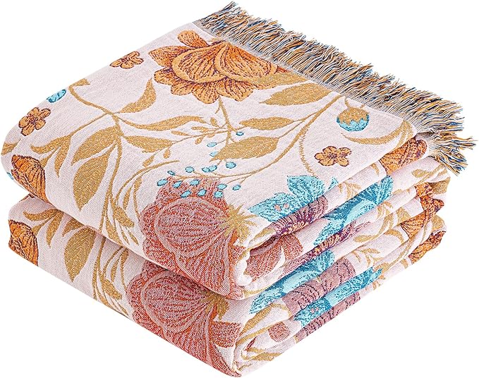 Boho Throw Blanket, 100% Organic Cotton Breathable Ultra Soft 50" x 60" Bed Quilt Throw - All Season Floral Rustic Farmhouse Decor Luxury Reversible Blanket for Sofa Couch Chair and Gift