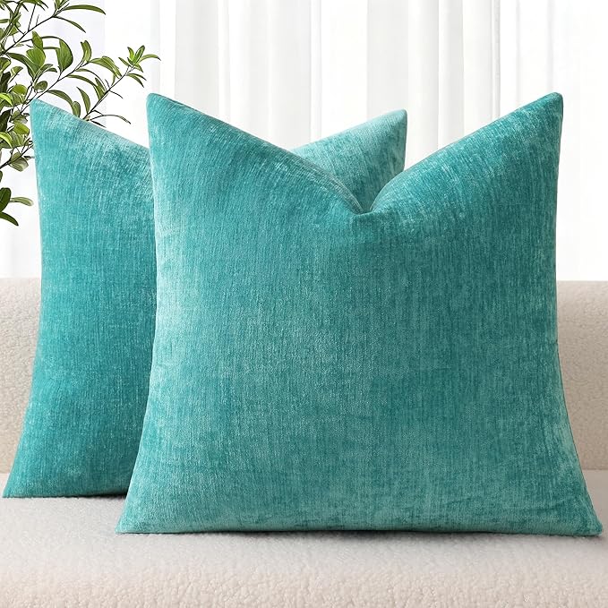 decorUhome Chenille Turquoise Summer Throw Pillow Covers 16x16 Inch Set of 2, Decorative Soft Couch Pillow Covers Solid Dyed Accent Farmhouse Neutral Square Pillow Cases for Sofa