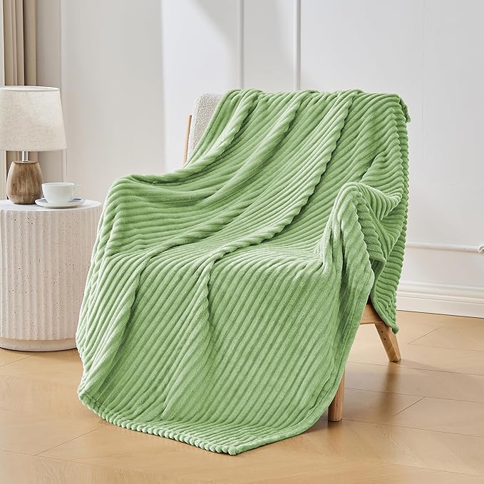 Bnuitland Light Green Flannel Throw Blanket, 300GSM Super Soft Fleece Stripe Pattern Sofa Blanket for Babys and Kids, Lightweight Cozy Bed Throw for Home Decor All Season