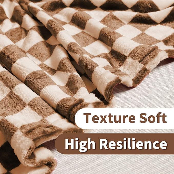 FY FIBER HOUSE Checkered Flannel Fleece Throw Blanket Soft Cozy Checkerboard Grid Print Chessboard Pattern Blankets for Dog Cat, 40"x50", Khaki