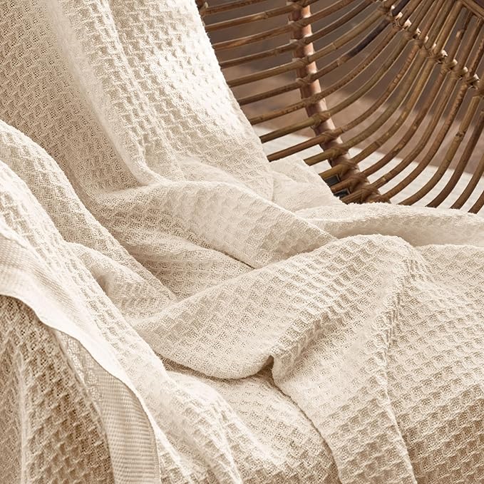 Bedsure Gentlesoft 100% Cotton Blanket King Size for Bed - Breathable and Soft for Spring Summer, Thick Cozy Waffle Weave Blanket Gifts for Women, Yellowish Cream, 104x90 inches
