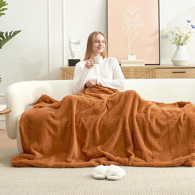 Amélie Home Luxury Striped Faux Fur Throw Blanket for Bed Queen Size, Soft Cozy Fuzzy Fluffy Plush Gift Blankets for Women, 88"x90", Brown