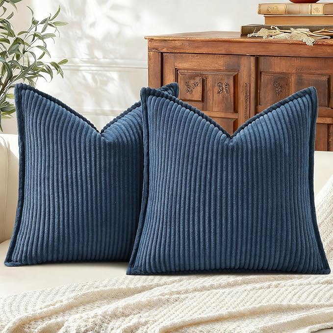 Mecatny Corduroy Throw Pillow Covers 22x22 Set of 2, Neutral Decorative Soft Boho Couch Pillow Covers with Broadside for Sofa Living Room, Navy