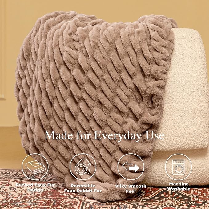Faux Fur Blanket, Twin Size Oversized Throw Blanket for Couch, Fluffy Blanket with Stretch Ruched Design, Ultra Soft Giftable Home Decor, 60x80 inches, Light Brown