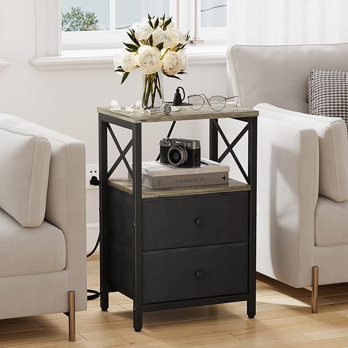 Nightstand Set of 2,Nightstands with Charging Station, Small Bedside Table with Storage, End Table with USB Ports & Outlets,with Fabric Drawers,for Couch, Bedroom(Natural Greige) LET105QK-2