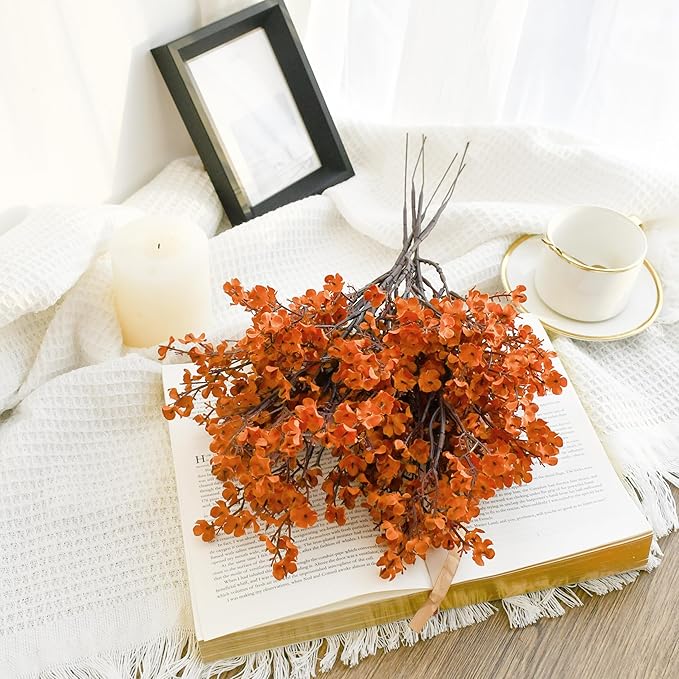 Mandy's Burnt Orange Artificial Baby’s Breath Flowers 15 Bundles Silk Gypsophila, 18.5 Inch European Style Modern Home Decor Centerpiece, Neutral Wedding Flower Arrangements