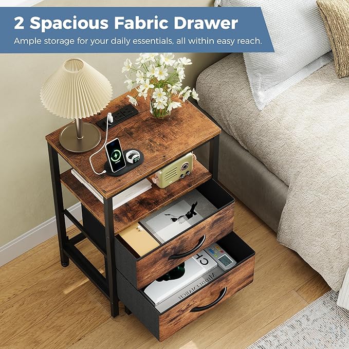 DUMOS Nightstand Set of 2 with Built in Charging Station USB Ports and Outlets Adjustable Fabric Drawer Storage Bedside Table with Open Shelf for Bedroom,Brown