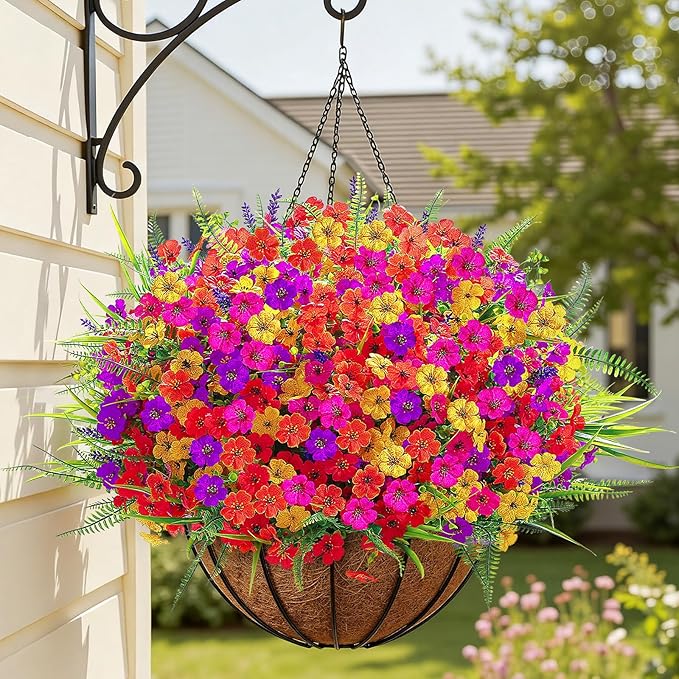 Alupssuc 24 Bundles Artificial Flowers for Outdoors Spring Decoration, UV Resistant Faux Eucalyptus Violet and Lavender Silk Fake Plants for Outside Indoor Decor, Red Rose Purple Yellow Orange