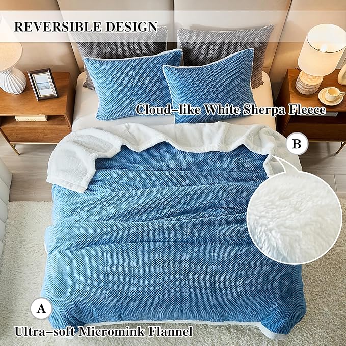 Luxury Flannel Fleece Sherpa Blankets Twin Size for Bed, Jacquard Boho 3-Layer Thick and Warm Blanket for Winter, Soft Cozy Fuzzy Plush Velvet Blanket with 2 Pillow Cases, Blue, 68x86 Inches