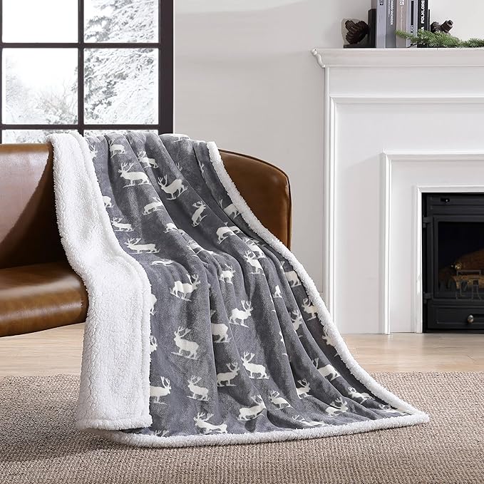 Eddie Bauer - Throw Blanket, Brushed Fleece & Plush Sherpa Bedding, Blanket for Couch & Bed (Elk Stance Grey, 50" x 60")