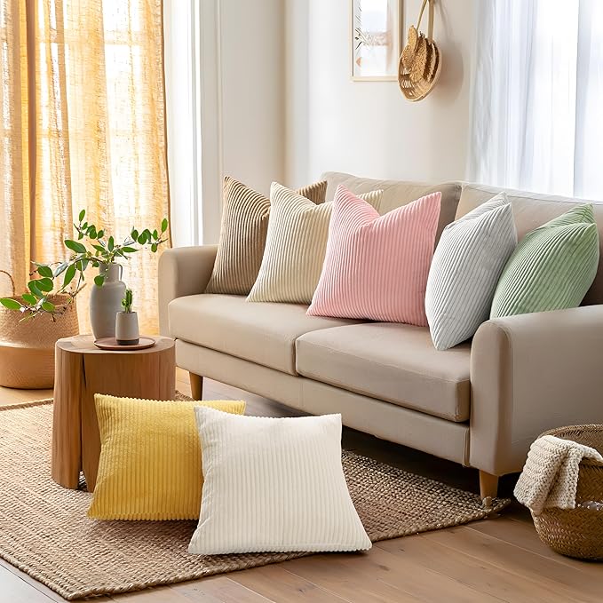 Mecatny Corduroy Spring Decorative Throw Pillow Covers 18x18 Set of 2 for Sofa Living Room, Soft Neutral Boho Couch Pillow Covers for Home Decor, Pink