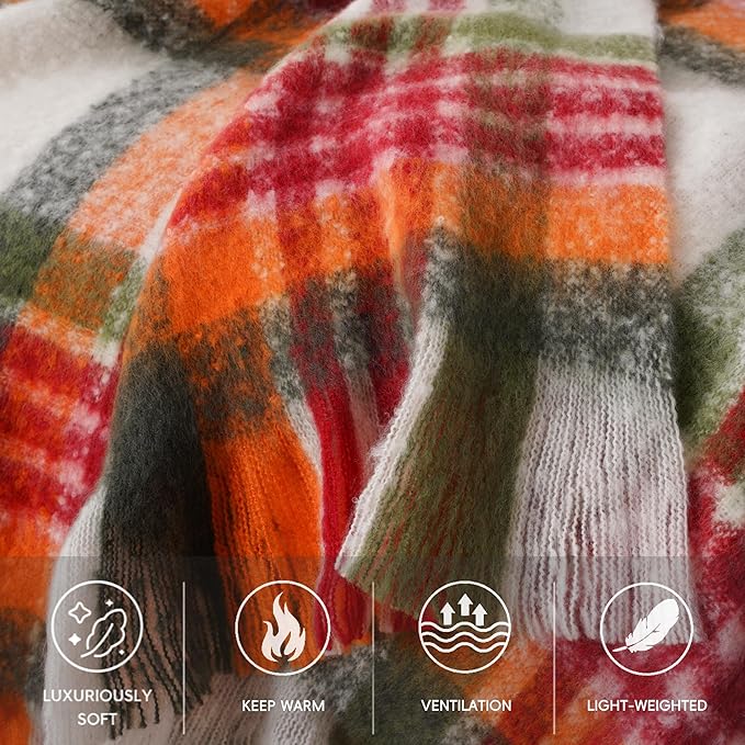 BATTILO Christmas Red Plaid Throw Blanket for Couch Bed, Soft Mohair Tartan Plaid Blanket, Farmhouse Style Checkered Pattern, Red Green Throw Blankets for Home Decor(50"x60")