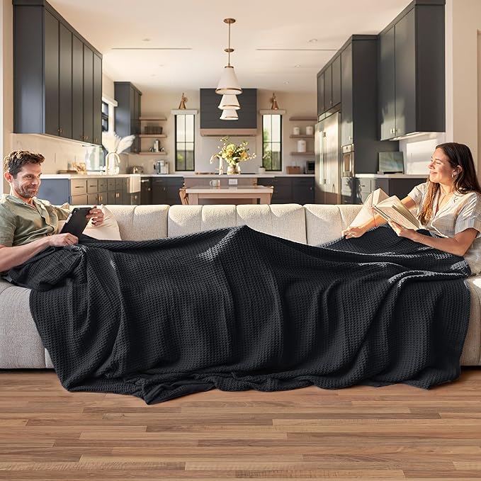 Bedsure Gentlesoft 100% Cotton Blanket Queen Size for Bed - Cooling Breathable and Soft for Spring Summer, Thick Cozy Waffle Weave Blanket Gifts for Women, Black, 90x90 Inches