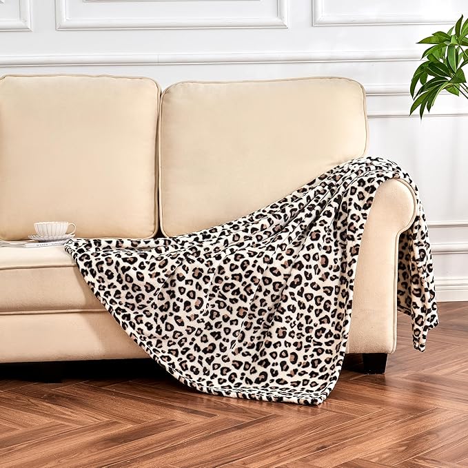 Leopard Print Blanket Fleece Throw for Bed Sofa Travel and Camping, Super Soft Cozy Fluffy Plush Cheetah Print Blanket for All Seasons 50"x60" (Cream)