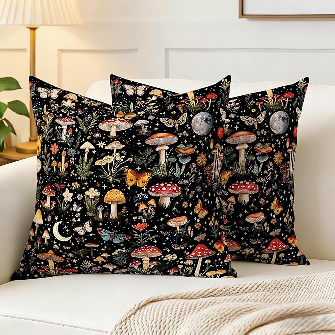 2 Pack Boho Mushroom Throw Pillows Covers 18x18 Inch, Black Witchy Pillow Cases for Couch Living Room Sofa Bedroom, Cute Mushroom Gifts for Witchy Lovers, Rustic Pillowcase Cushion Covers, Home Decor