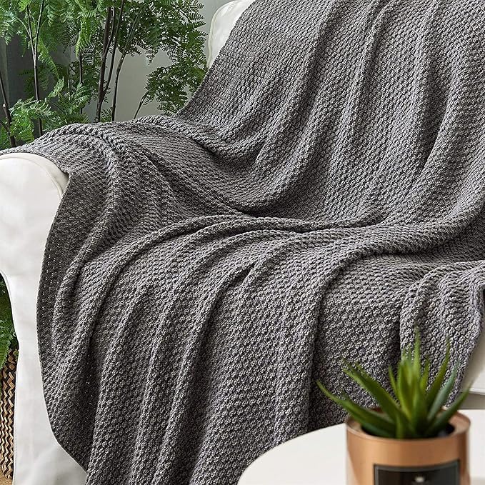 Longhui bedding Grey Knitted Throw Blanket for Couch, Soft, Cozy Machine Washable 100% Cotton Sofa Knit Blankets, Heavy 3.0lb Weight, 51 x 63 Inches, Gray and White Color,Laundry Bag Included