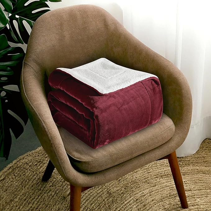 Mocassi Premium Ultra-Soft Flannel Fleece Sherpa Throw Blanket - Warm Cozy Reversible Plush Micromink Blanket for Couch, Bed and Sofa - Fluffy, Christmas Winter Bedding Gift, Queen, Burgundy