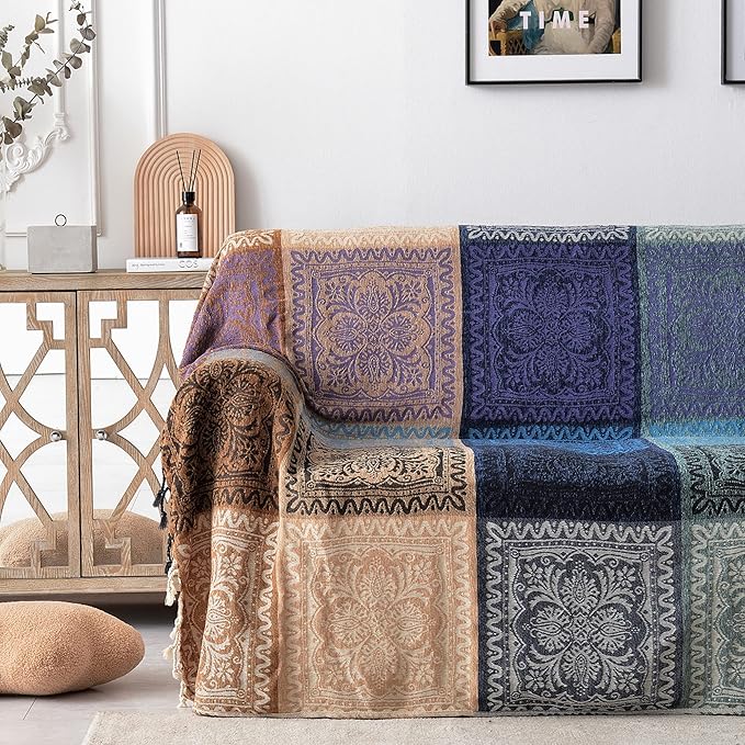 Boho Throw Blanket, Chenille Jacquard Tassels Throw Blankets for Bed Couch Sofa Chair，Bohemian Decor Couch Cover (Purple, Large 86 * 102Inches)