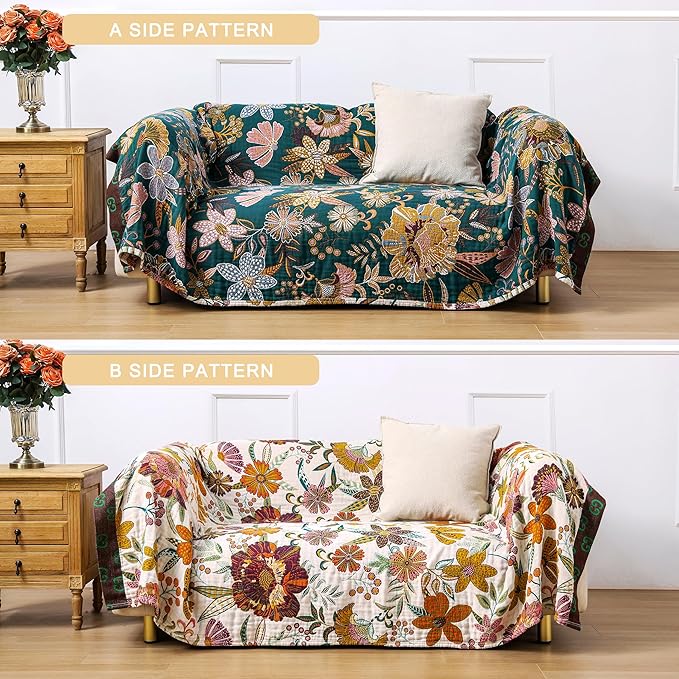Queen Boho Throw Blanket for Bed, 100% Cotton Muslin Soft Throw-Floral Farmhouse Rustic Decor Blanket for Couch Sofa Quilt and Gift, 80" x 90"-BeigeWhite