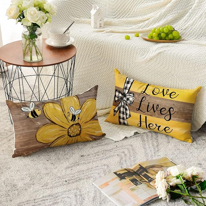 AVOIN colorlife Spring Home Sweet Home Bee Sunflower Throw Pillow Covers, 12 x 20 Inch Love Lives Here Summer Stripes Polka Dots Cushion Case for Sofa Couch Set of 4