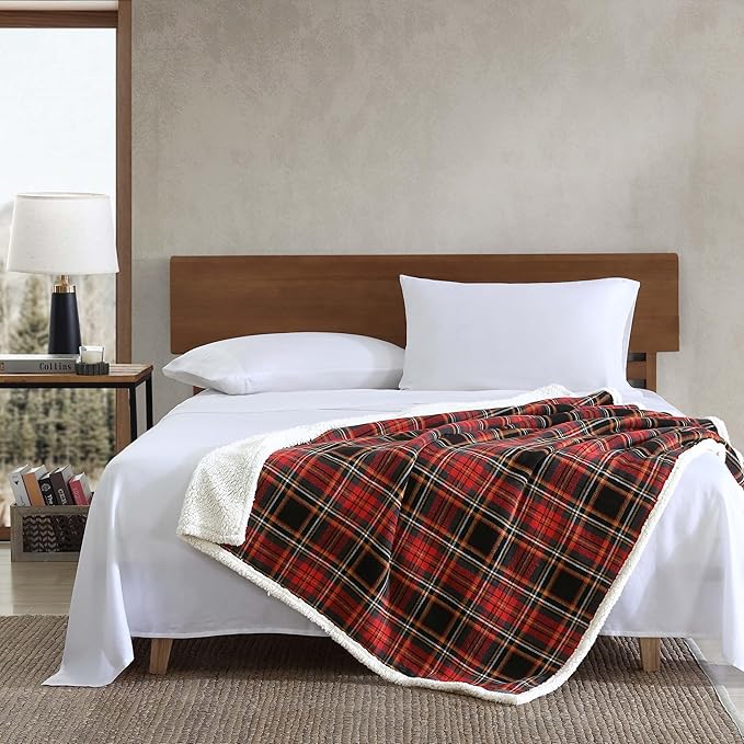 Eddie Bauer - Blanket, Super Soft Reversible Sherpa & Brushed Fleece Bedding, Throw Blankets for Couch, Ideal for Lounging (Mountain Tartan Red)