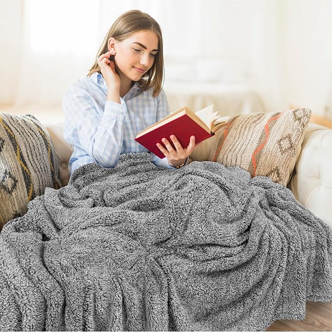 PAVILIA Sherpa Throw Blanket for Couch Sofa, Heather Grey Fluffy Warm Plush Blanket for Twin Bed, Cozy Super Soft Lightweight Throw, Fuzzy Decorative Blanket, All Season Home, 60x80