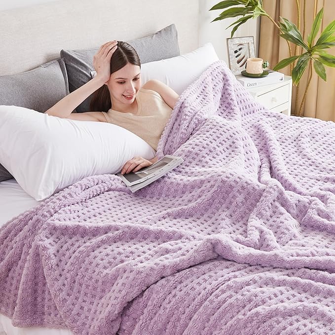 Soft Cozy Fuzzy Fleece Twin Blanket, Waffle Lavender Fog, 60x80 Inches – Lightweight, Fluffy, and Warm 3D Jacquard All-Season Blanket for Couch, Bed, Sofa, Home Decor, Camping, and Travel