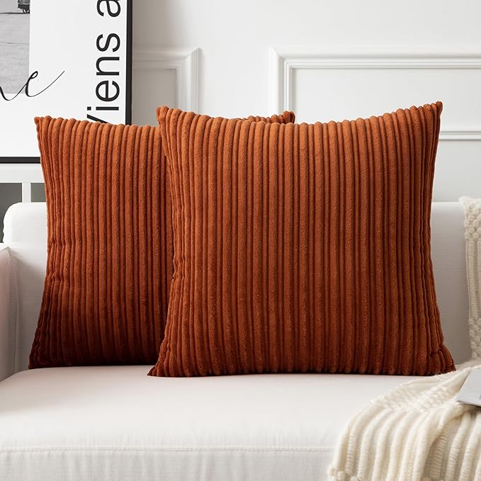 UGASA Fall Velvet 24x24 Inch Soft Throw Pillow Covers Decorative Corduroy Striped Both Sides Solid Square Cushion Cases Boho Farmhouse for Couch Bedroom Sofa Home, Pack of 2, Burnt Orange