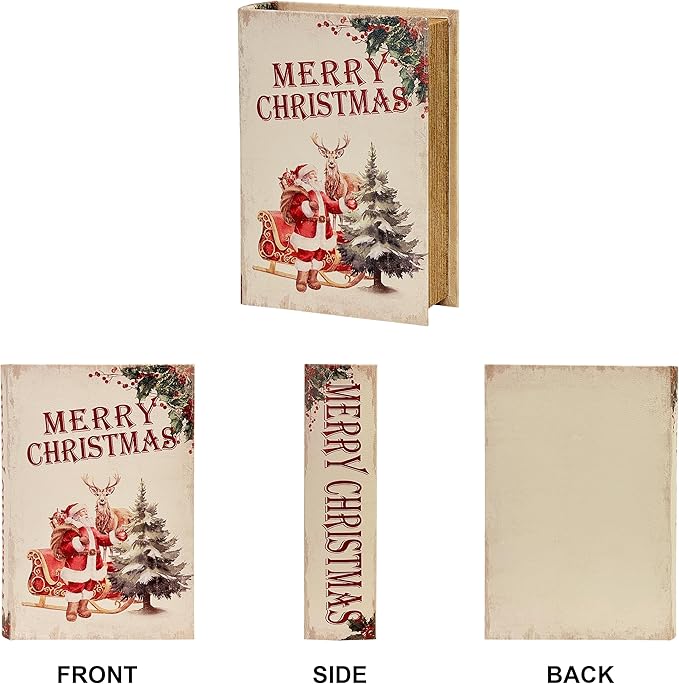 PACOLO Decorative Book Boxes, Faux Wood cover Storage for Hidden Jewelry, Money, and Cash (Merry Christmas)