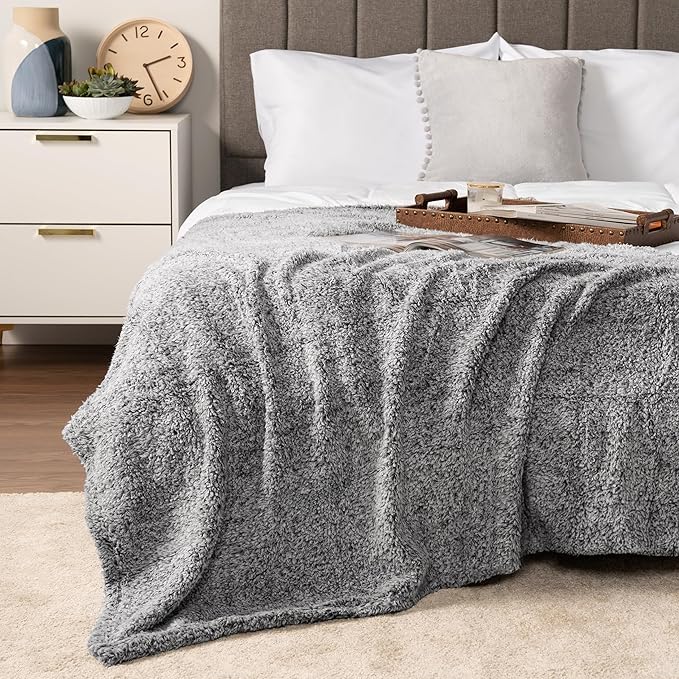 PAVILIA Sherpa Throw Blanket for Couch Sofa, Heather Grey Fluffy Warm Plush Blanket for Bed, Cozy Super Soft Lightweight Throw, Fuzzy Decorative Blanket, All Season Home, 50x60