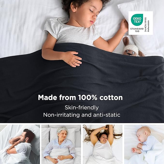 Bedsure GentleSoft 100% Cotton Blanket Queen Size for Bed - Breathable and Lightweight, Soft Cozy Textured Herringbone Woven Blanket for Summer Spring, Black, 90x90 inches