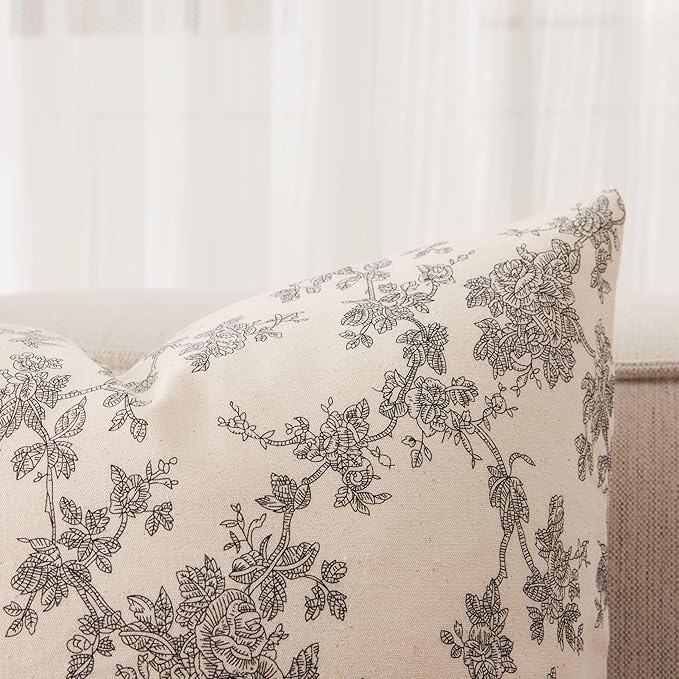 100% Cotton French Pastoral Throw Pillow Covers Set of 2, 16x16 Inch Black/Cream Farmhouse Decorative Cushion Covers for Sofa Bed Living Room Home Decor
