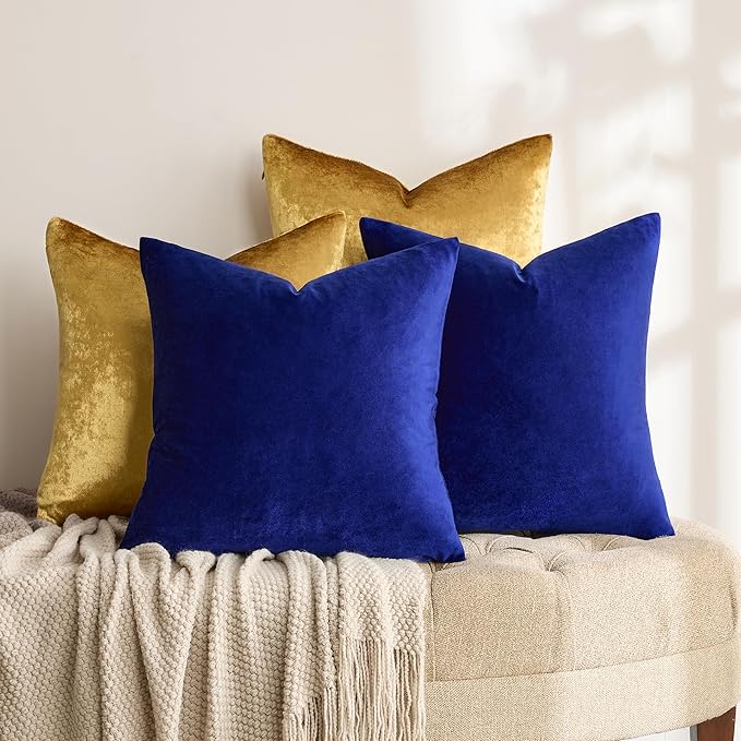GIGIZAZA Decorative Velvet Pillow Covers - 16x16 Throw Pillows Soft Blue Gold Covers Accent for Couch Living Room Bed Square Modern Luxury Cushion Covers Home Decor Set of 4