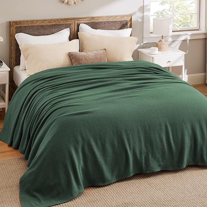 Bedsure GentleSoft 100% Cotton Blanket Queen Size for Bed - Breathable and Lightweight, Soft Cozy Textured Herringbone Woven Blanket for Summer Spring, Dark Green, 90x90 inches