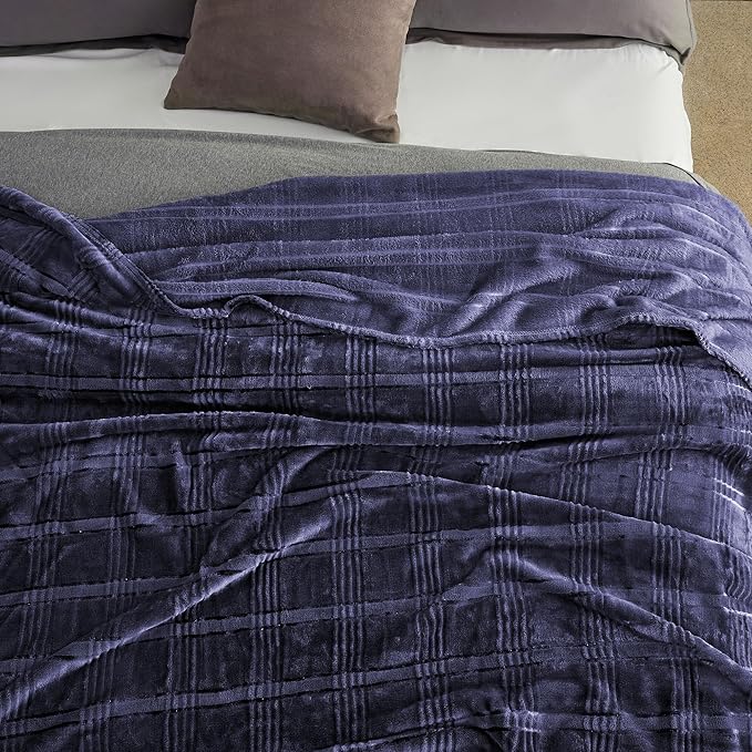 Super Soft Flannel Throw Blanket 50x60 Inches, Premium Checkered Jacquaed Silky Fleece Lightweight Bed Blanket All Season Use, Dark Blue-1, 50"x60"