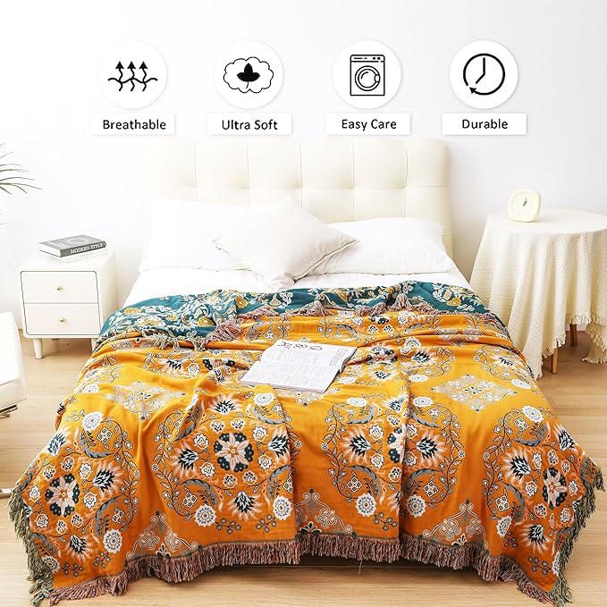 Boho Throw Blanket, 100% Cotton Soft Sofa Bed Throw-Floral Farmhouse Decor Blanket, Reversible Bohemian Throw for Chair Couch Quilt and Gift, 60" x 80"-Yellow