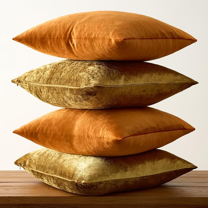 GIGIZAZA Pillow Covers 16x16 Set of 4,Gold Orange Velvet Soft Pillow Covers Decorative Square Modern Pillows Cushion Cases for Living Room