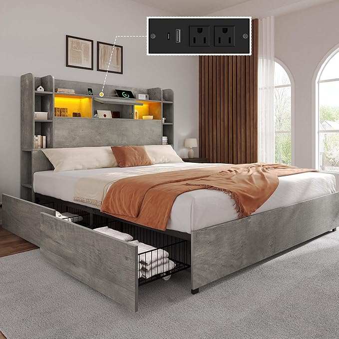 DWVO Queen Size Bed Frame with Bookcase Headboard and 4 Storage Drawers, RGB LED Bed Frame with Type-C & USB Charging Station Storage Headboard Bed, No Box Spring Needed, Noise Free, Grey