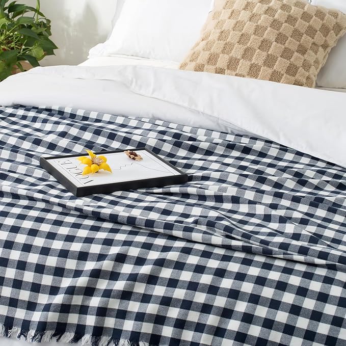 100% Cotton Throw Blanket Plaid Soft Lightweight Cozy Farmhouse Tassels Summer Thin Breathable Throws for Couch Sofa Bed (50" × 60" Navy Blue)