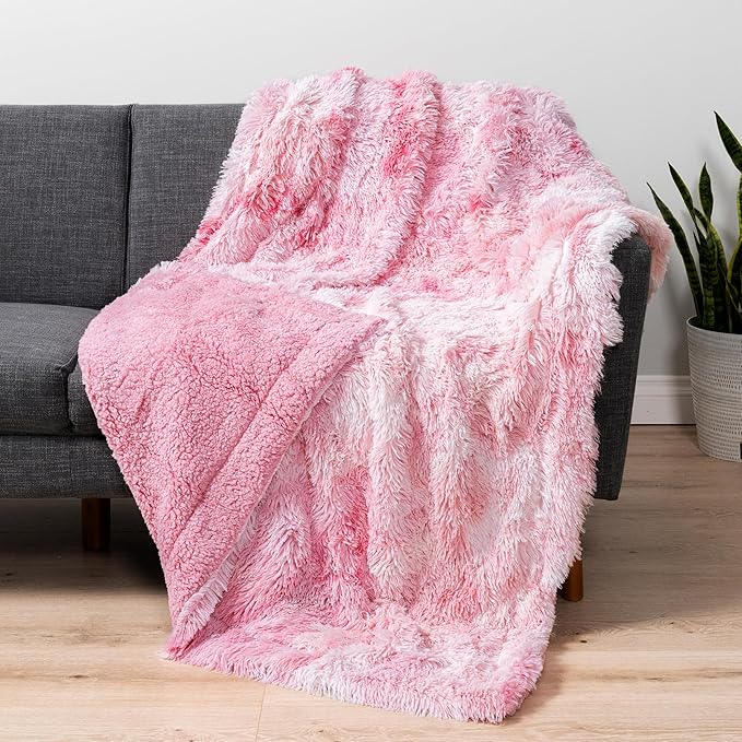 Pavilia Pink Fluffy Throw Blanket for Couch, Fuzzy Plush Warm Blanket, Super Soft Thick Faux Fur Sherpa, Tie-Dye, 50x60
