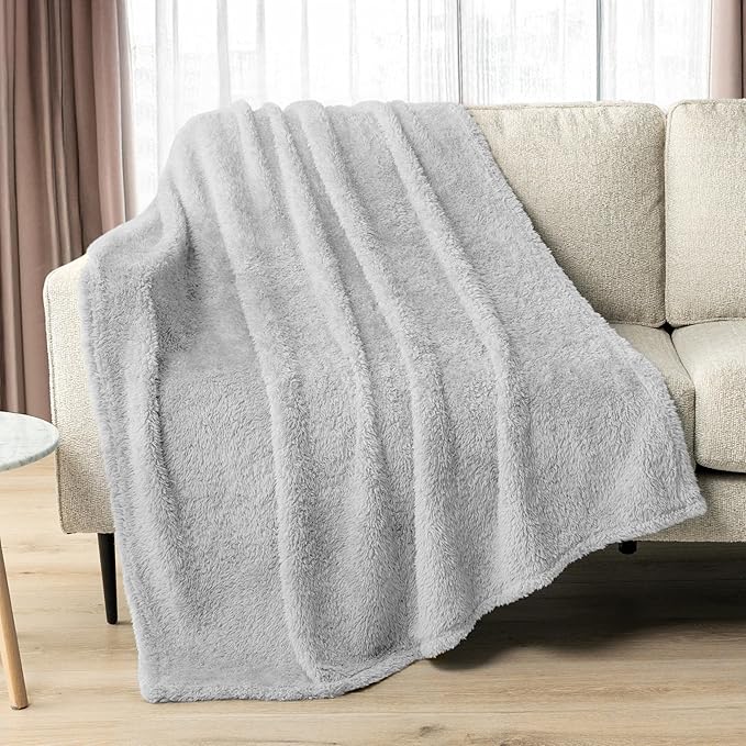 Pavilion Sherpa Bed Blanket Queen Size - Light Grey Plush Soft Cozy, Fluffy Microfiber, Fuzzy All Season, 90x90