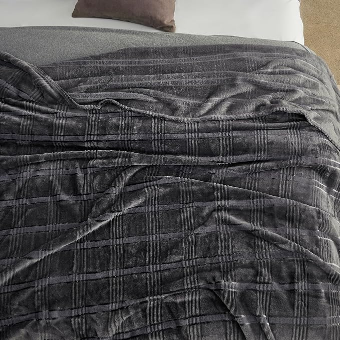 Super Soft Flannel Queen Blanket 90x90 Inches, Premium Checkered Jacquaed Silky Fleece Lightweight Bed Blanket All Season Use, Dark Grey Strip, 90"x90"